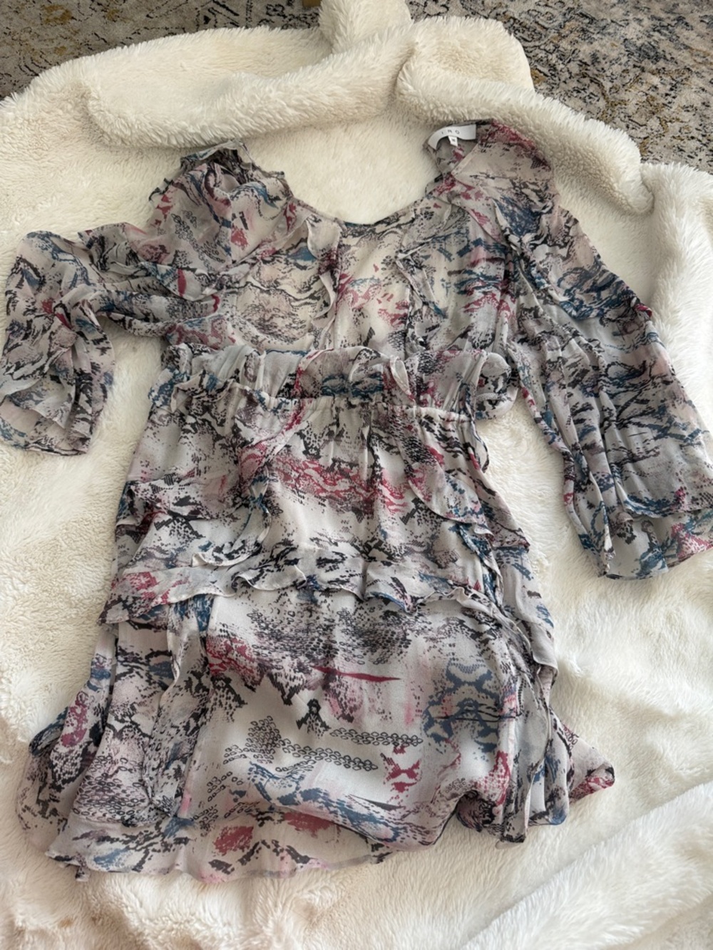IRO Sheer Ruffle Mini Dress in Pink, Blue & Black Abstract Print